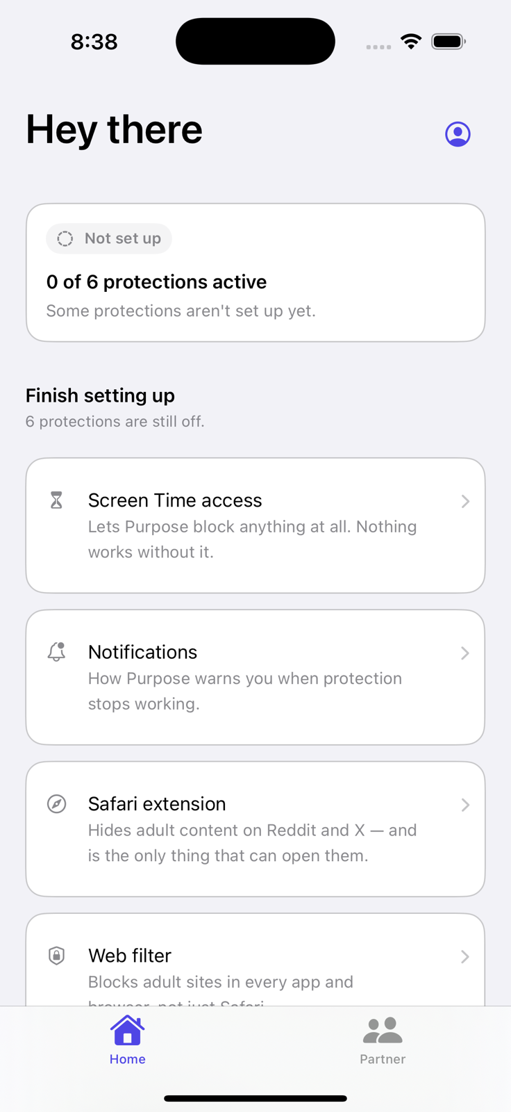 Purpose protection dashboard showing the setup status of Screen Time, notifications, and Safari protection